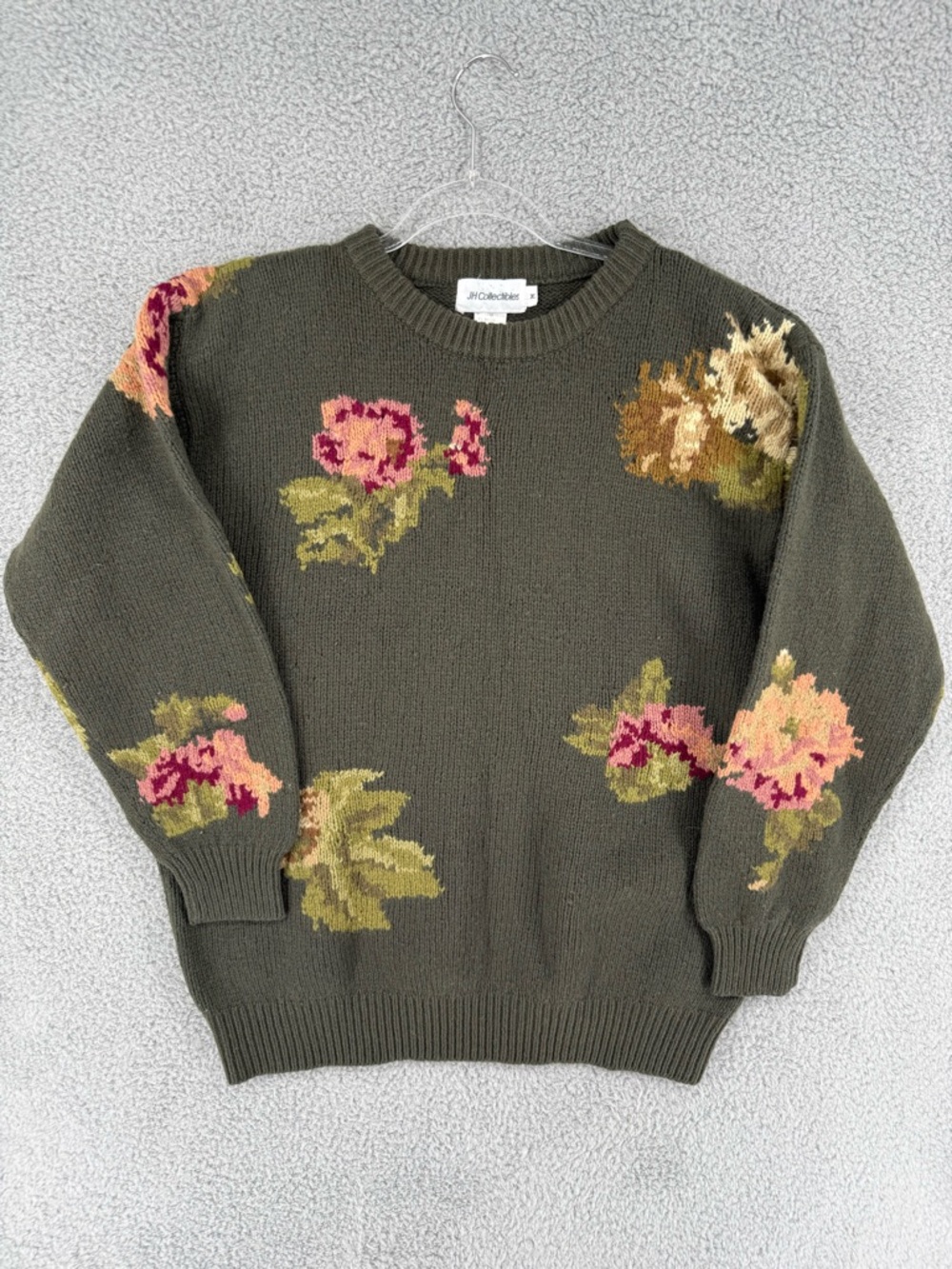 Jh collectibles Vintage Olive Floral Knit Sweater lambswool blend